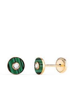 18K PENDIENTES ORO AMARILLO REDONDOS MALAQUITA CON CIRCONITA. MEDIDA: 5 5MM. CIERRE TUERCA