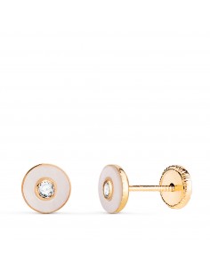 18K PENDIENTES ORO AMARILLO REDONDOS NACAR CON CIRCONITA. MEDIDA: 5 5MM. CIERRE TUERCA
