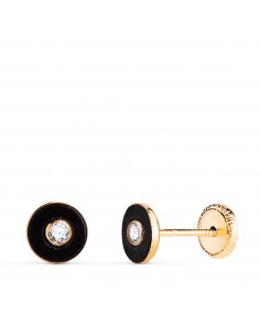 18K PENDIENTES ORO AMARILLO REDONDOS ONIX CON CIRCONITA. MEDIDA: 5 5MM. CIERRE TUERCA