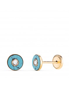 18K PENDIENTES ORO AMARILLO REDONDOS TURQUESA SINTETICA CON CIRCONITA. MEDIDA: 5 5MM. CIERRE TUERCA