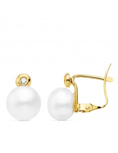 18K PENDIENTES PERLAS Y CHATÓN. 10 X 7 MM. CIERRE CATALÁN