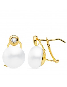 18K PENDIENTES PERLAS Y CHATÓN. 15 X 10 MM. CIERRE OMEGA
