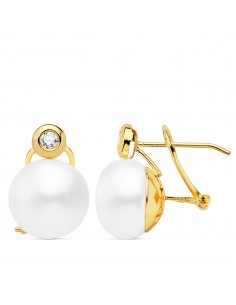 18K PENDIENTES PERLAS Y CHATÓN. 16 X 11 MM. CIERRE OMEGA