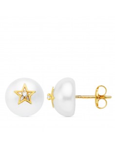 18K PENDIENTES ORO AMARILLO MEDIA PERLA 9 MM Y ESTRELLA. CIERRE PRESIÓN