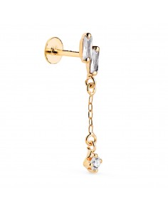 18K PIERCING DE OREJA ORO AMARILLO CON 2 CIRCONITAS BAGUETTE Y CADENA. GRUESO BARRA 1.20 MM. MEDIDA: 24 X 4 MM. CIERRE TUERCA