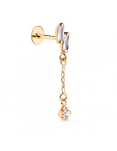 18K PIERCING DE OREJA ORO AMARILLO CON 2 CIRCONITAS BAGUETTE Y CADENA. GRUESO BARRA 1.20 MM. MEDIDA: 24 X 4 MM. CIERRE TUERCA