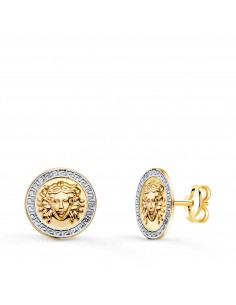 18K PENDIENTES ORO BICOLOR MEDUSA Y BORDE DE GRECA 10 MM CIERRE PRESION